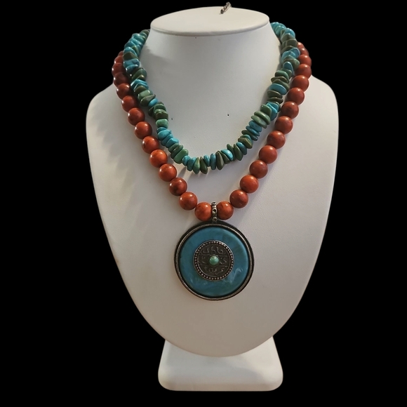Bohemian Red and Blue Layered Necklace with Bold Pendant - Picture 5 of 5